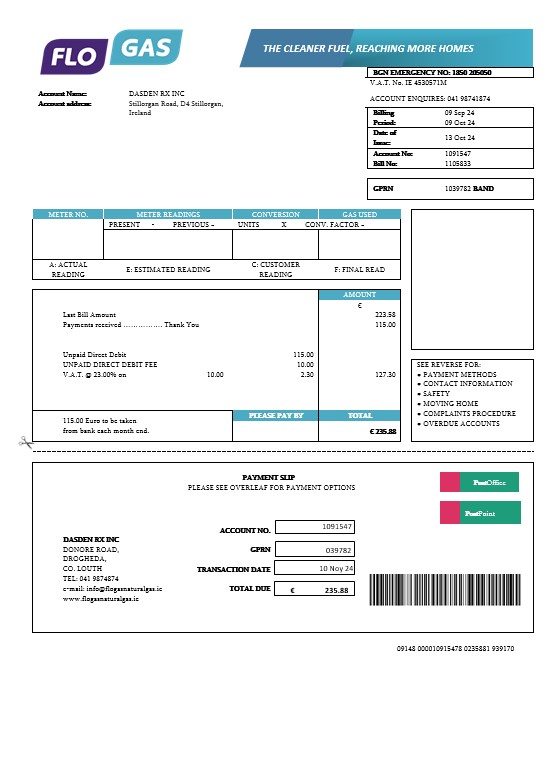 Ireland Flogas Natural Gas business utility bill template in Word and PDF formats